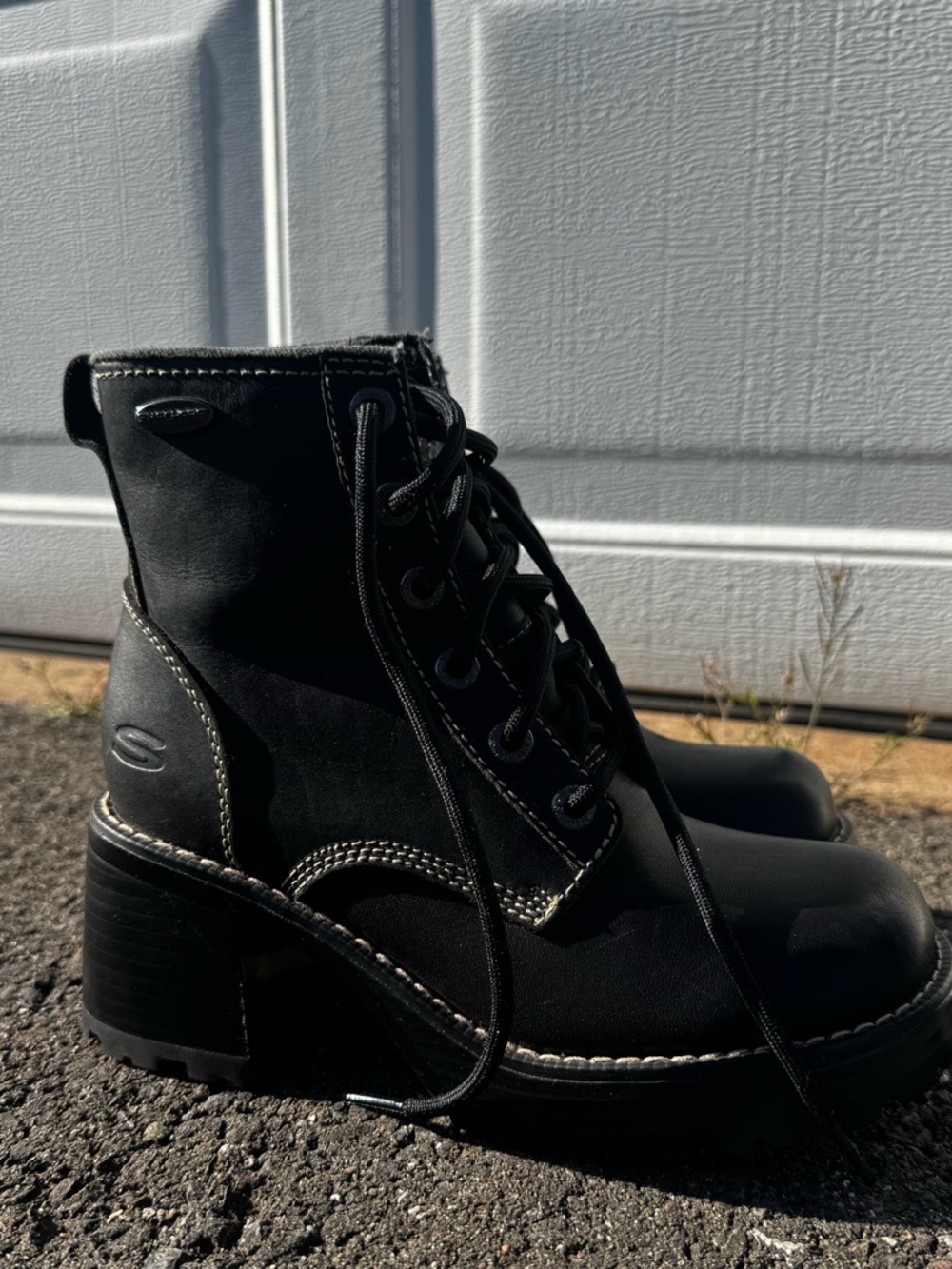 Vintage Leather Skechers Black Lace-Up Chunky Heel Ankle Boots US6/EU36